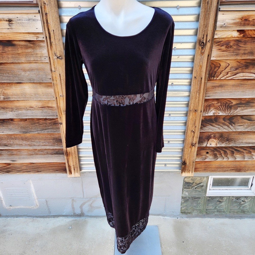 Vintage 1990s Black Velvet Burnout Trim Dress